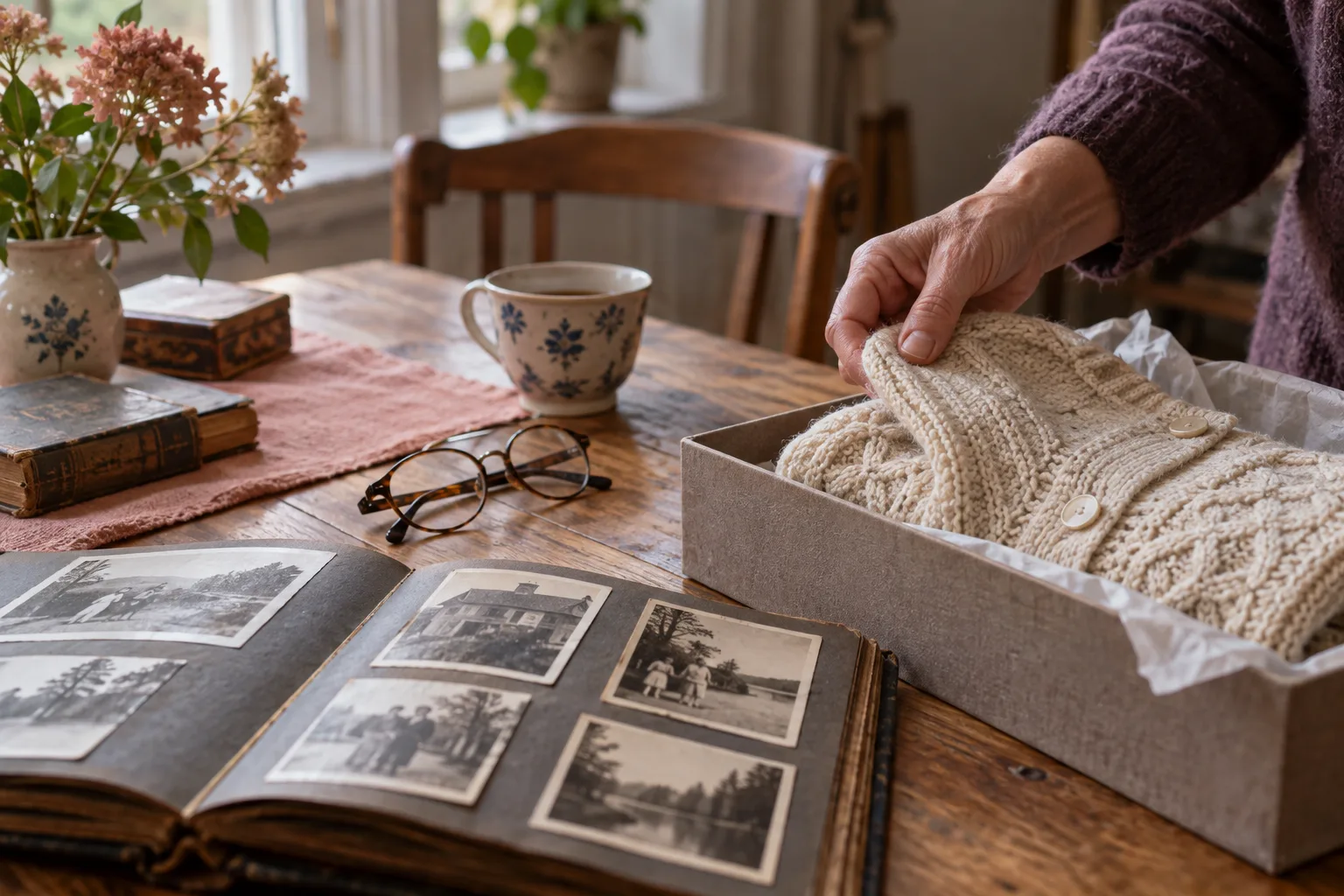En hand som varsamt tar hand om en kofta intill ett fotoalbum och personliga minnessaker